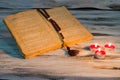 Open bible with rosary candles.