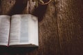 open bible on wood desk with copy space. Royalty Free Stock Photo