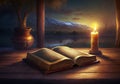 open bible on wood table with candle and pot of plant and sunset mountain lake background Royalty Free Stock Photo