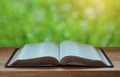 Open Bible on a wood table with green nature backgound Royalty Free Stock Photo