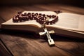 Open bible and wooden rosary with a cross. Generative AI Royalty Free Stock Photo