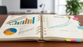 An open binder rests on a desk displaying colorful charts and Royalty Free Stock Photo