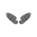 Open bird or angel wings with gray feathers and black contour. Old-school tattoo design. Vector for print, sticker or