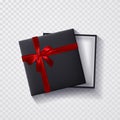 Open black empty gift box with red bow and ribbon on transparent background. Top view. Template for your presentation, banner or Royalty Free Stock Photo