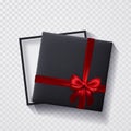 Open black empty gift box with red bow and ribbon on transparent background. Top view. Template for your presentation, banner or Royalty Free Stock Photo