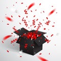 Open Black Gift Box and Confetti. Christmas and Valentine Background. Vector Illustration Royalty Free Stock Photo