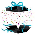 Open black gift box. Open package. Open gift with ribbon. Vector illustration. Royalty Free Stock Photo