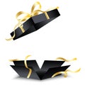 Open black gift box. Open package. Open gift with ribbon. Vector illustration. Royalty Free Stock Photo