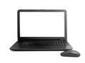 An open black laptop with an empty screen on a white isolated background. Wireless computer mouse Royalty Free Stock Photo