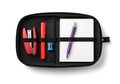 Open black pencil case with pens notebook and sharpener Royalty Free Stock Photo
