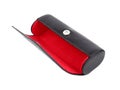 Open black red reptile skin leather eyeglasses case Royalty Free Stock Photo