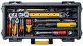 Black toolbox with open lid revealing a variety of essential hand tools and equipment in a well-organized manner for home Royalty Free Stock Photo