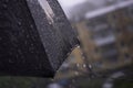 Open black umbrella outdoors on rainy day, closeup. Space for text Royalty Free Stock Photo