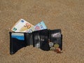 Open black wallet with euro banknotes and coins in the sand on beach Royalty Free Stock Photo