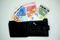 Open black wallet with euro banknotes