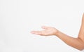 Open a black woman`s hand, palm up isolated on white background.Front view. Mock up. Copy space. Template. Blank. Royalty Free Stock Photo