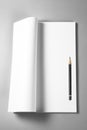 Open blank book, magazine, diary, or sketching book with pencil