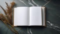 Open blank book on a marbled background, showcasing a design mockup concept. Generative AI Royalty Free Stock Photo