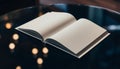 Open Blank Book on Reflective Surface with Bokeh Lights Royalty Free Stock Photo