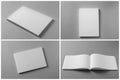 Open blank brochures on grey background, collage Royalty Free Stock Photo