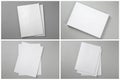 Open blank brochures on grey background, top view. Collage Royalty Free Stock Photo
