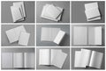Open blank brochures on grey background, top view. Collage Royalty Free Stock Photo