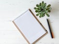 Open blank checked notebook, black pen and succulent on a white wooden background. Top view. Copy space Royalty Free Stock Photo
