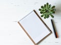 Open blank checked notebook, black pen and succulent on a white wooden background. Top view. Copy space Royalty Free Stock Photo