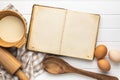 Open blank cookbook. Antique recipe book on white table