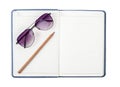 Open blank grey leather notebook diary and sunglasses Royalty Free Stock Photo