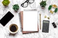 Open blank note book, glasses, cup of coffee, pen, smartphone, succulents on marble table Top view Flat lay Education, goals, Royalty Free Stock Photo