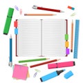 Open blank notebook with school supplies Royalty Free Stock Photo
