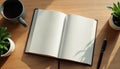 Open blank notebook on wooden desk with coffee cup, plants. Black pen lies next to book. Minimalistic workspace setup for writing Royalty Free Stock Photo