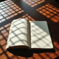 Open Blank Notebook On Wooden Table With Sunlit Grid Shadows Royalty Free Stock Photo