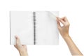 Open blank page note book and hand Royalty Free Stock Photo
