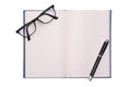 Open blank paper leather notebook with pen on white background Royalty Free Stock Photo