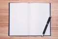 Open blank paper leather notebook with pen on wooden table. Royalty Free Stock Photo