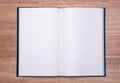 Open blank paper leather notebook on wood background. Royalty Free Stock Photo