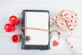 Open blank planner, with lit candles and red heart