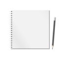 Open blank realistic notepad notebook with spiral and black pencil are on white background.