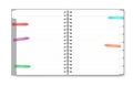 Open blank spiral tabbed notebook with transparent colored sticky bookmarks isolated on white background, vector illustration
