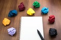 Open blank white book and pencil with group of colorful crumpled Royalty Free Stock Photo