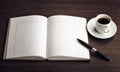 Open a blank white notebook, pen and coffee on the desk Royalty Free Stock Photo