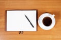 Open a blank white notebook, pen and cup of coffee Royalty Free Stock Photo