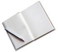 Open a blank white notebook and pen on white background