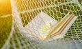 Open blue book in a hammock with a white flower Royalty Free Stock Photo