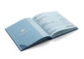 Open blue book with text and graphics isolated on white background Royalty Free Stock Photo