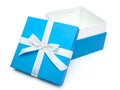 Open blue box with a gift and white bow Royalty Free Stock Photo