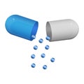 Open blue capsule pill with medicine leaking. Vector illustration. EPS 10. Royalty Free Stock Photo