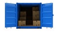 Open blue cargo freight shipping container with cardboard boxes isolated on white Royalty Free Stock Photo